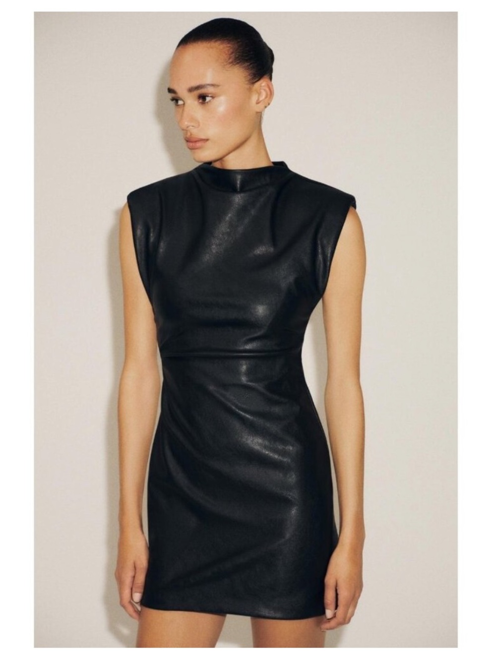 Zara Black Sleeveless Faux Leather Mini Dress with Structured Shoulders